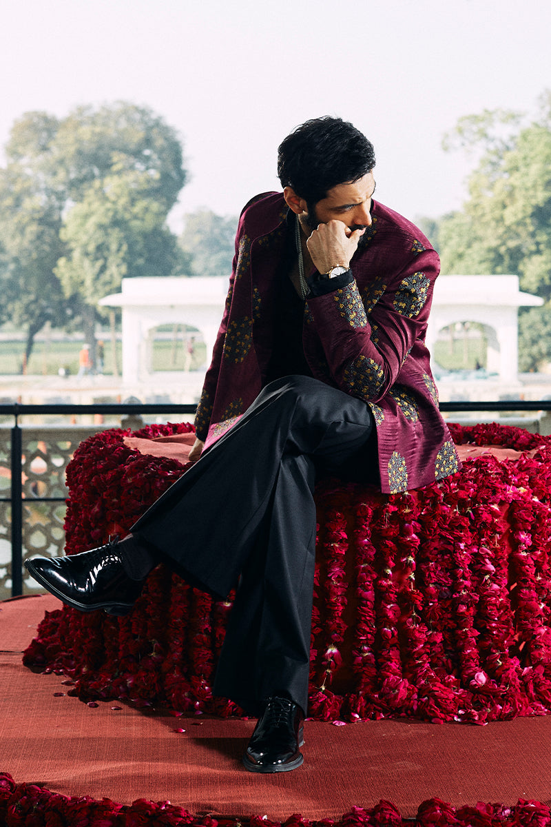 Burgundy Tilla Embroidered Rayon Silk Prince Coat (2-Piece) - Image 8