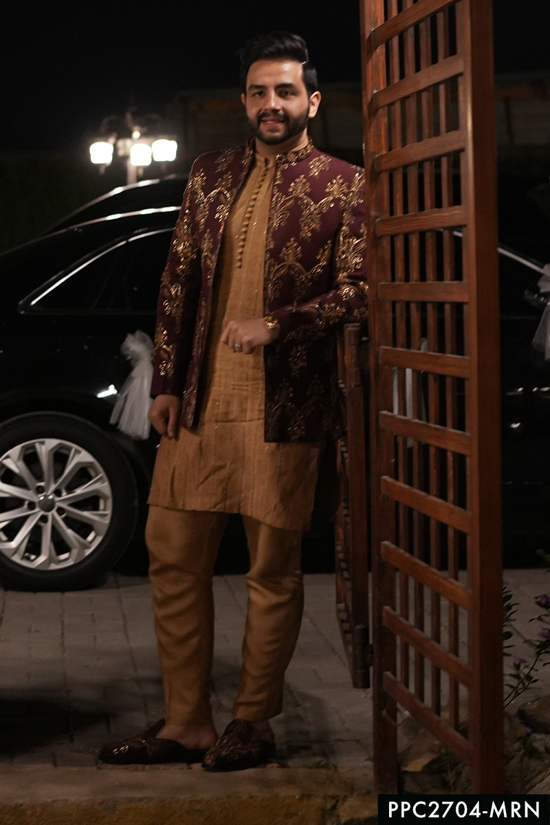 Maroon Embroidered Serona Prince Coat (3-Piece) - Image 1