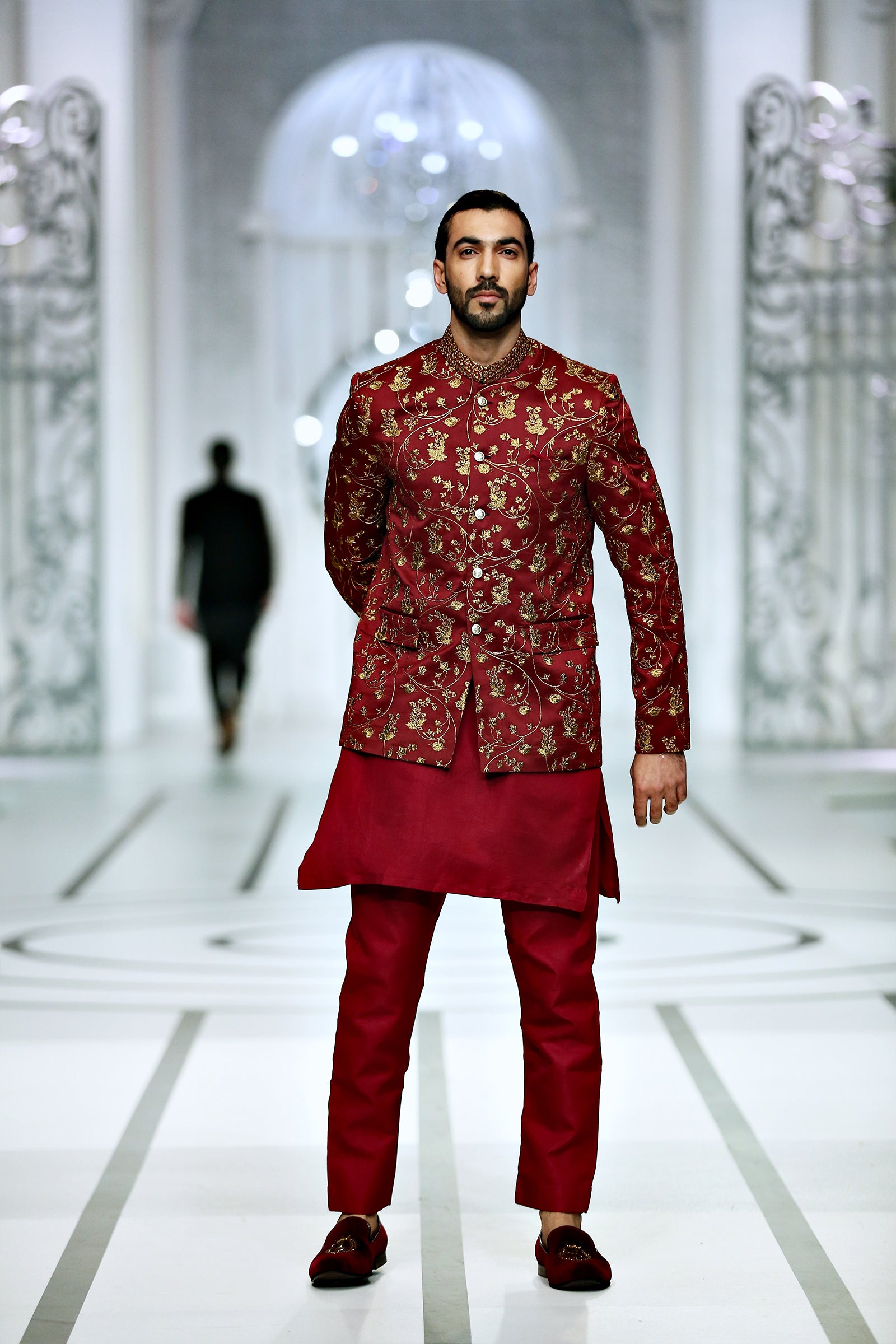 Maroon Copper Embroidered Silk-Blend Prince Coat (3-Piece) - Image 1