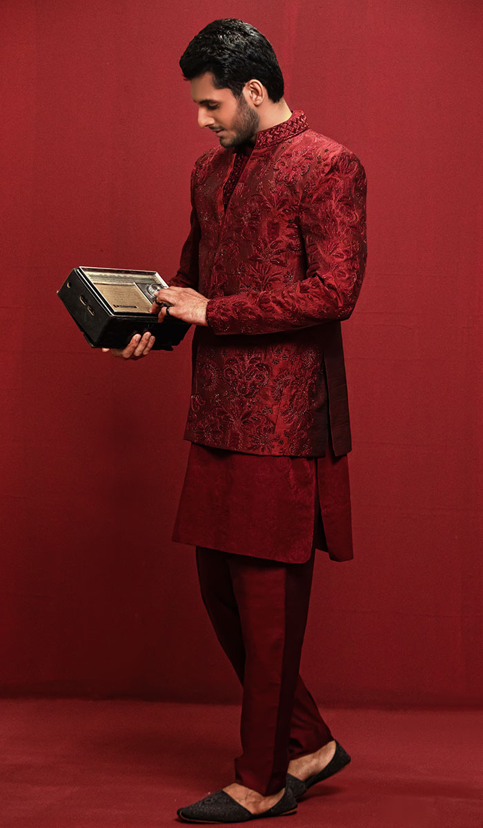 Burgundy Embroidered Silk-Blend Prince Coat (3-Piece) - Image 1