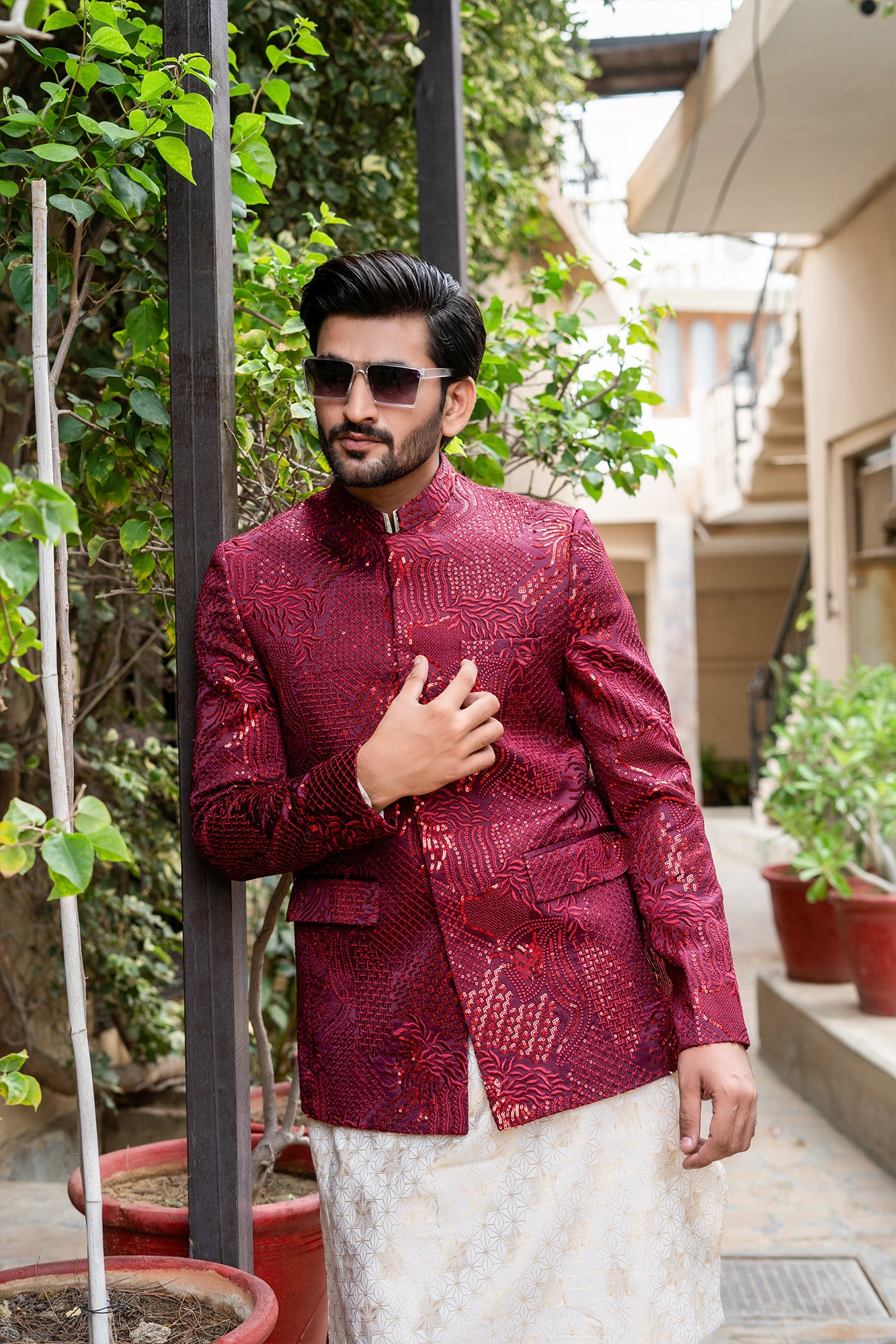 Maroon Embroidered Silk-Blend Prince Coat (3-Piece) - Image 1