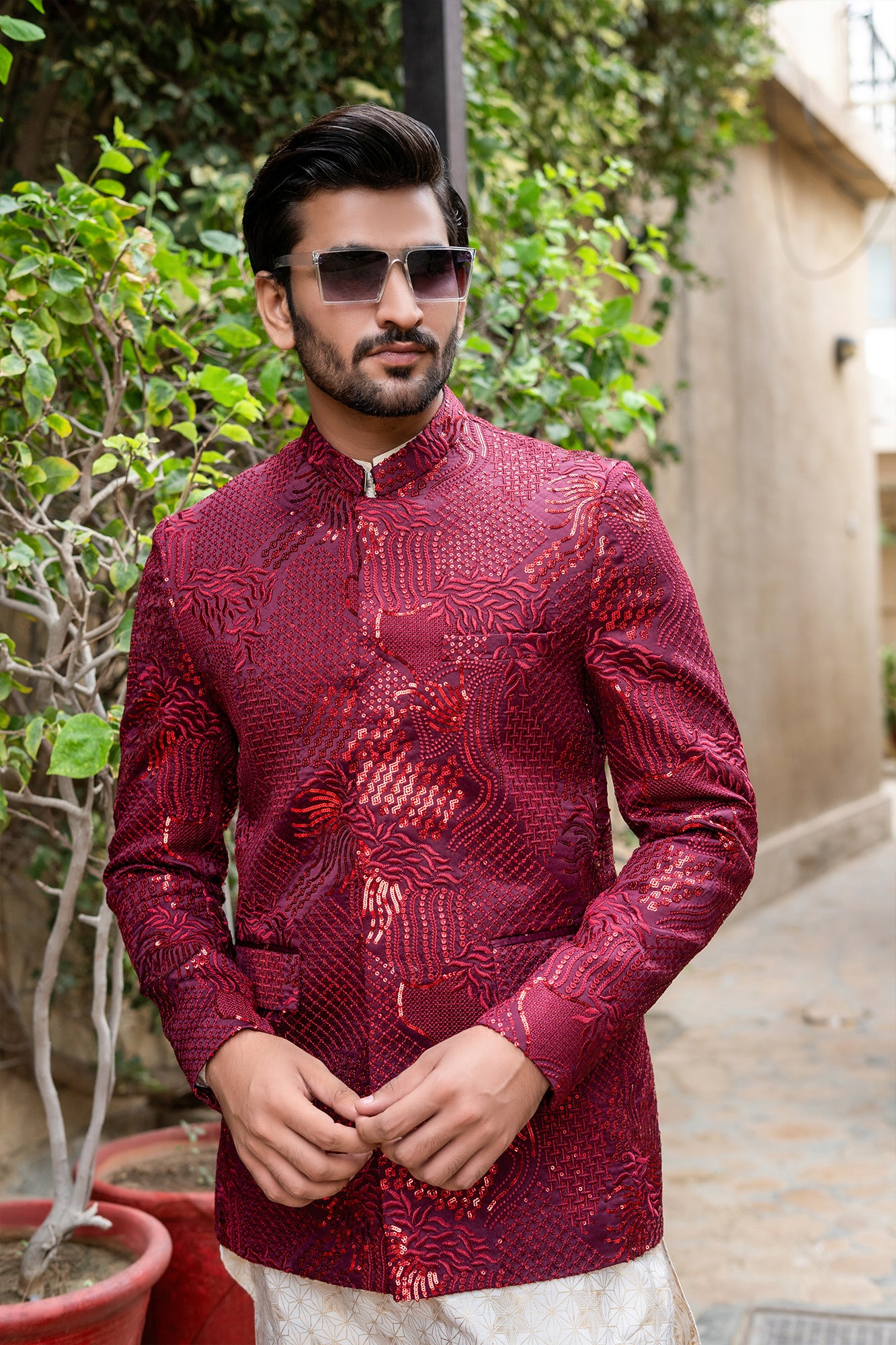 Maroon Embroidered Silk-Blend Prince Coat (3-Piece) - Image 2