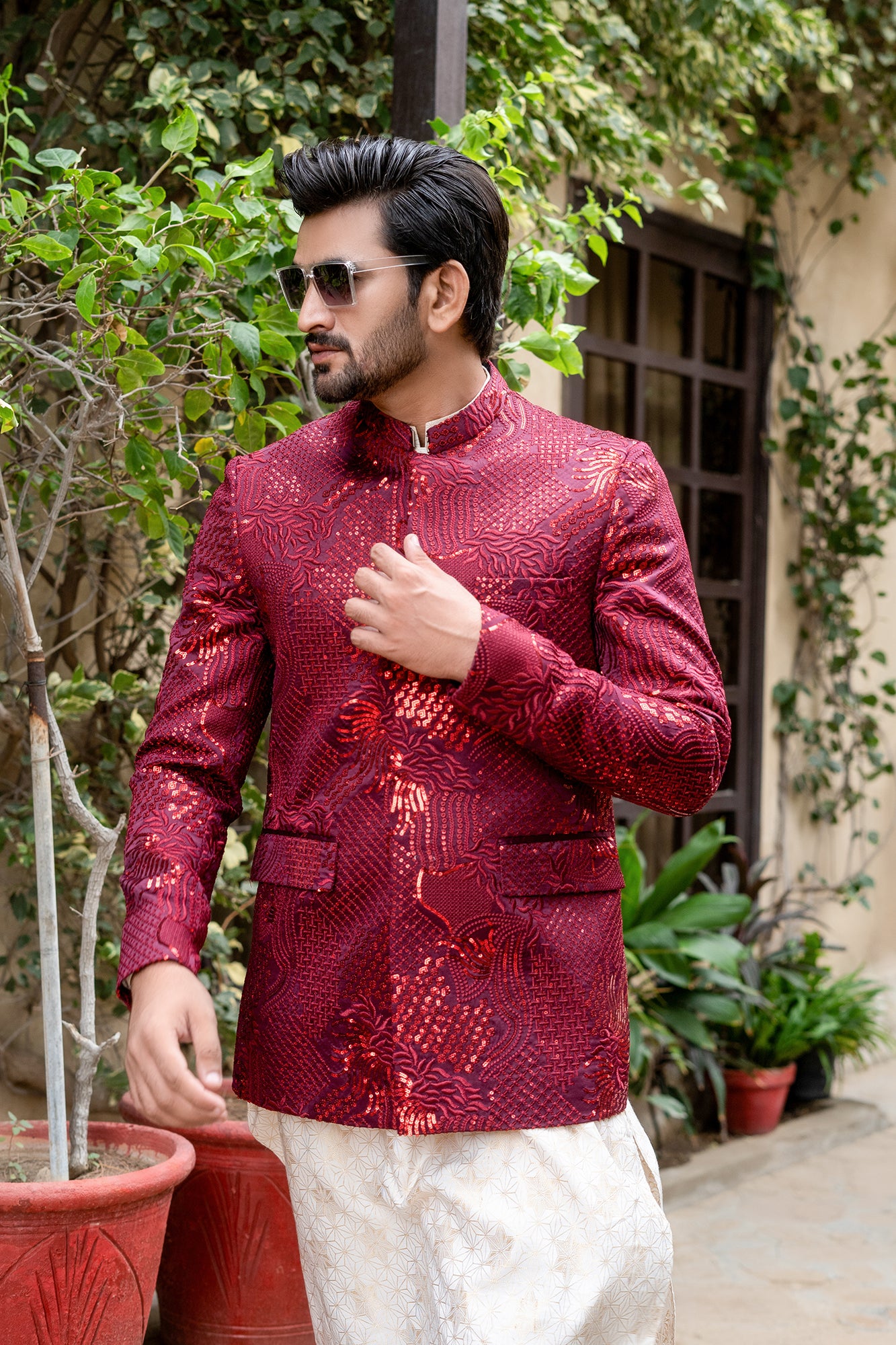 Maroon Embroidered Silk-Blend Prince Coat (3-Piece) - Image 4