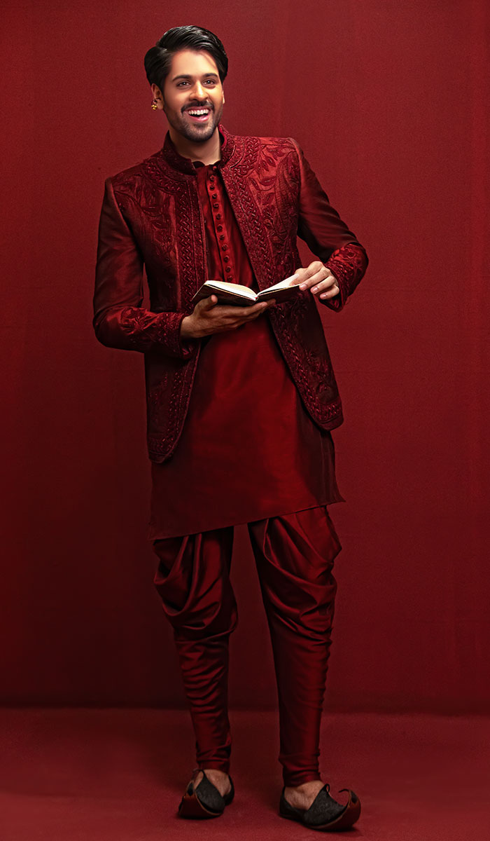 Raw Maroon Hand-Embroidered Silk-Blend Prince Coat (3-Piece) - Image 1