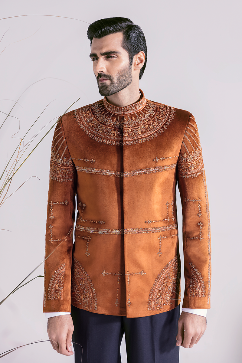 Rust Hand-Embroidered Silk-Blend Prince Coat (2-Piece) - Image 3