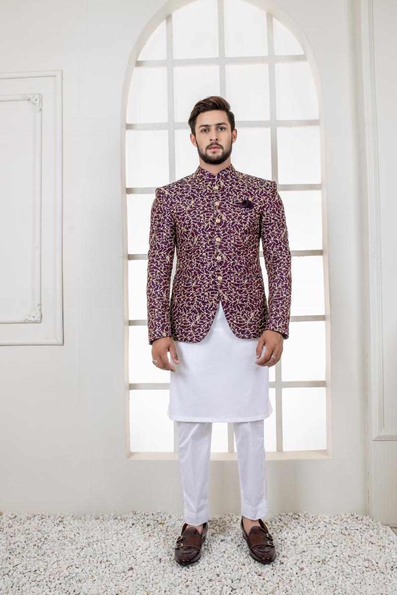 Deep Plum Gold Embroidered Silk-Blend Prince Coat (3-Piece) - Image 1