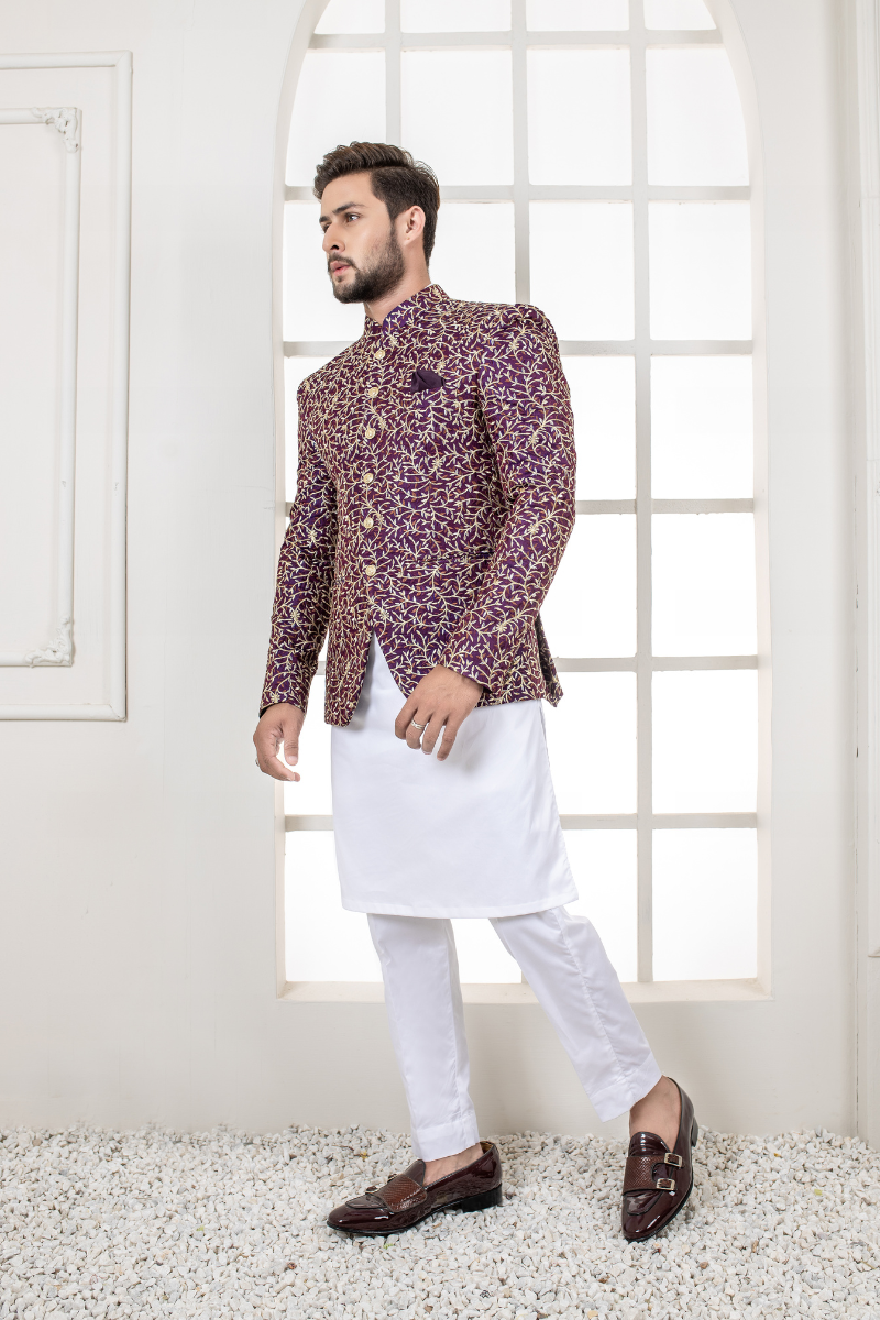 Deep Plum Gold Embroidered Silk-Blend Prince Coat (3-Piece) - Image 3