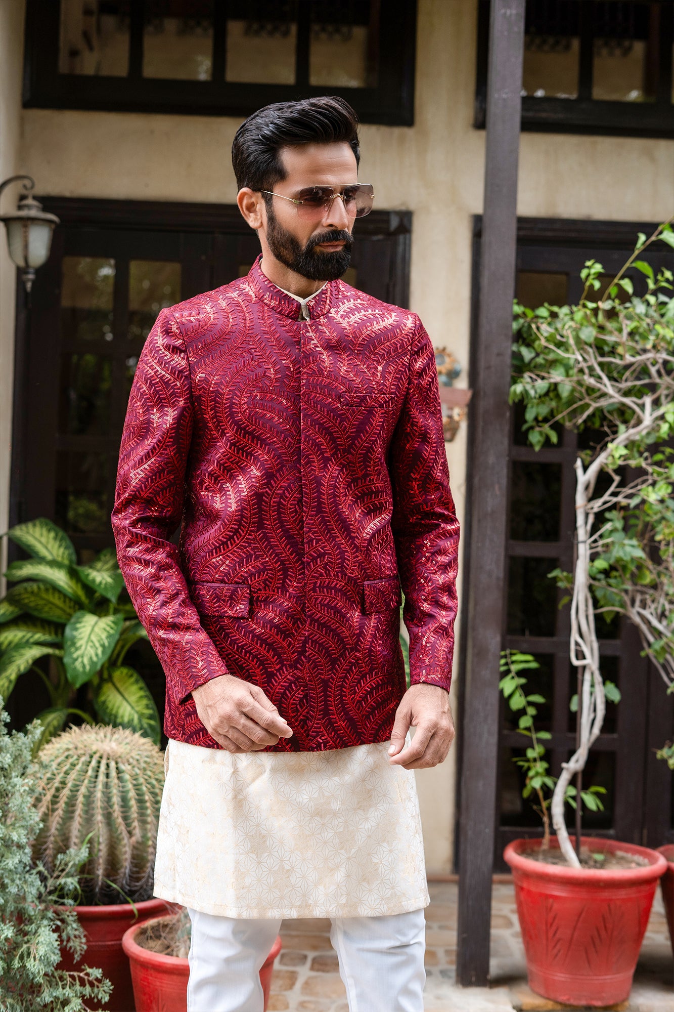Maroon Embroidered Silk-Blend Prince Coat (1-Pc) - Image 1