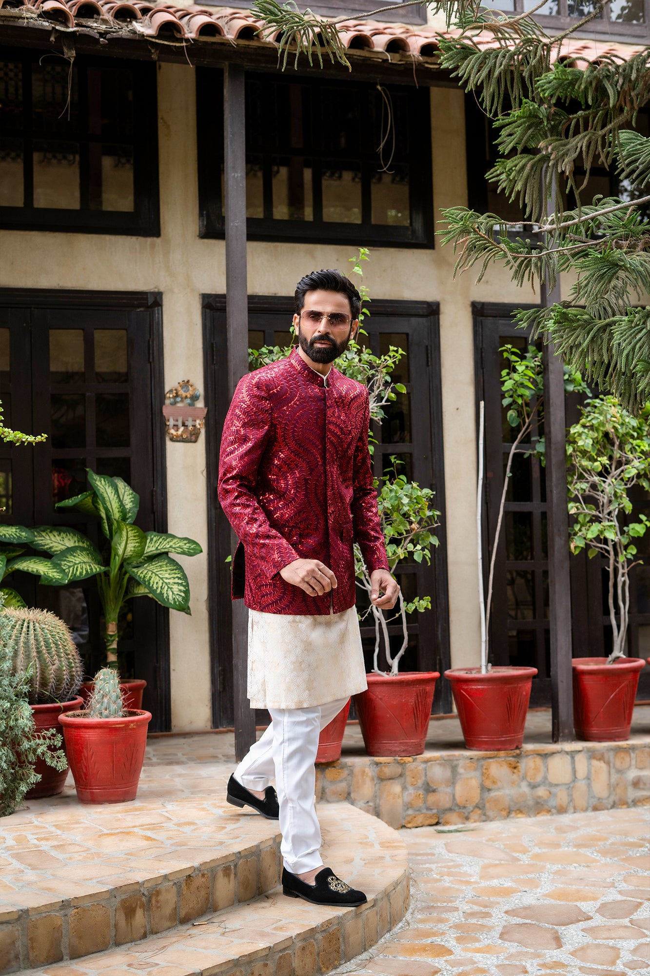 Maroon Embroidered Silk-Blend Prince Coat (1-Pc) - Image 2