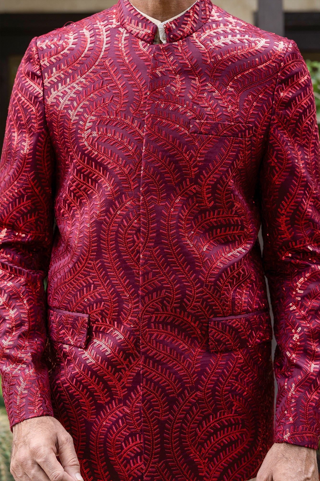 Maroon Embroidered Silk-Blend Prince Coat (1-Pc) - Image 3