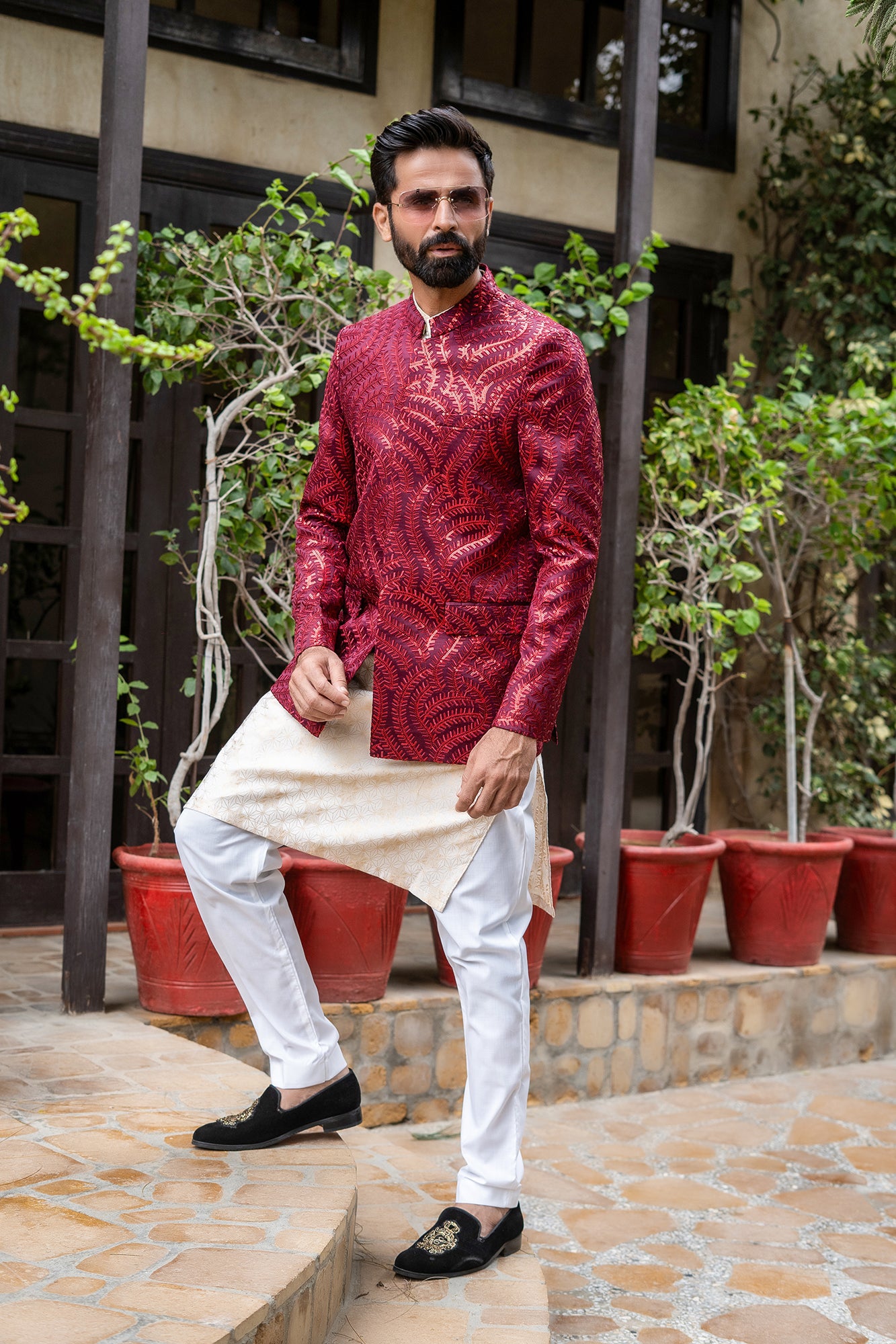 Maroon Embroidered Silk-Blend Prince Coat (1-Pc) - Image 4