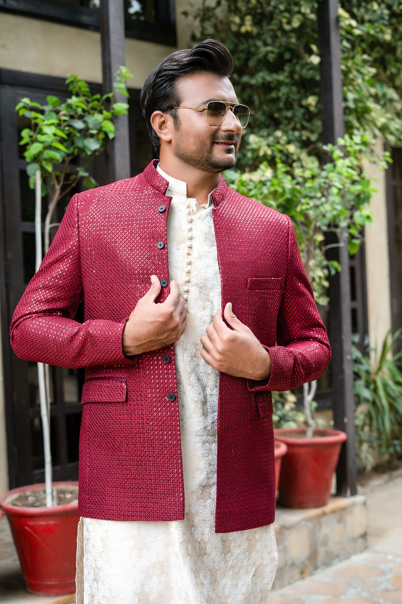 Maroon Sequin Embroidered Silk-Blend Prince Coat (3-Piece) - Image 1