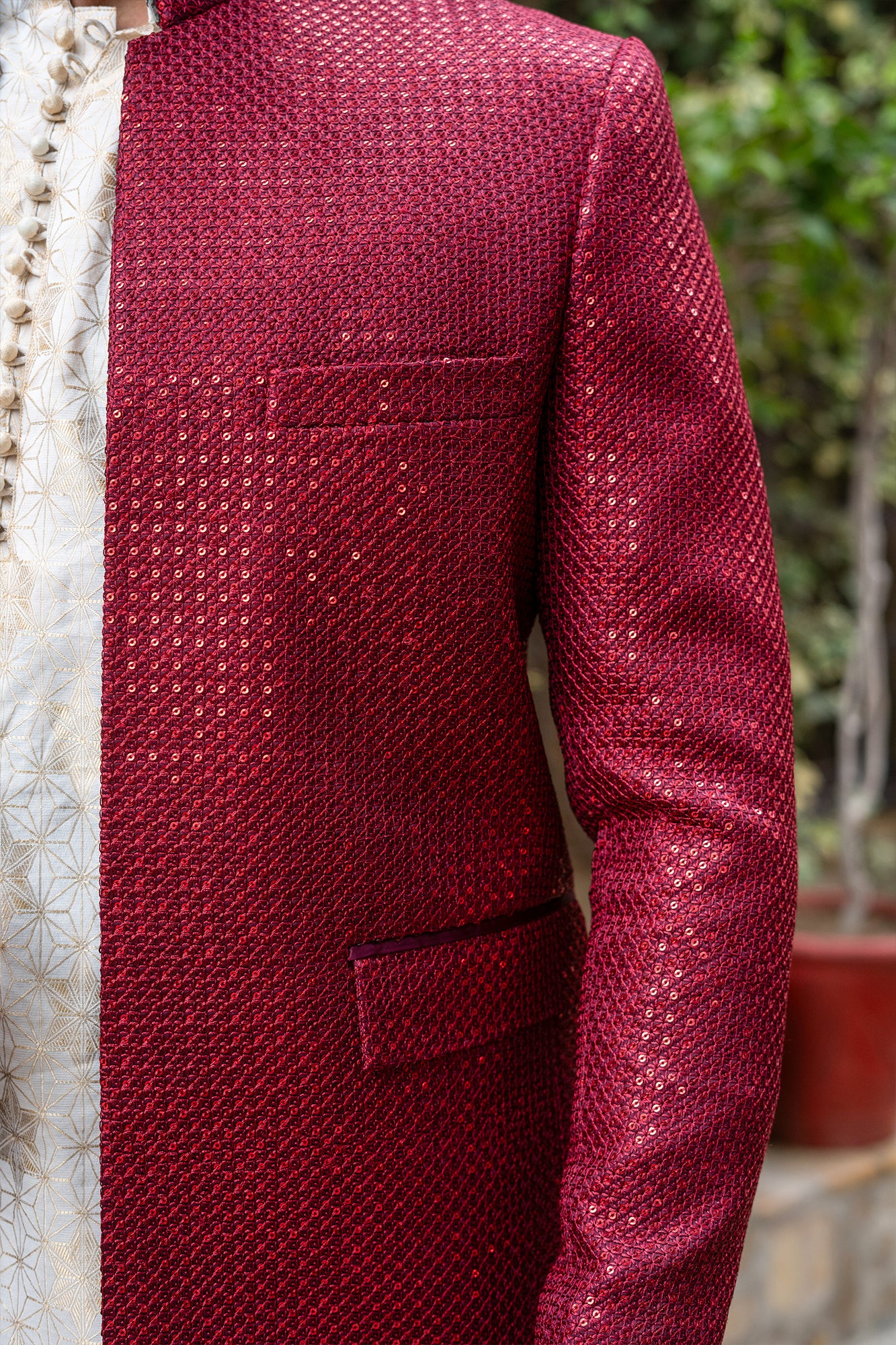 Maroon Sequin Embroidered Silk-Blend Prince Coat (3-Piece) - Image 4