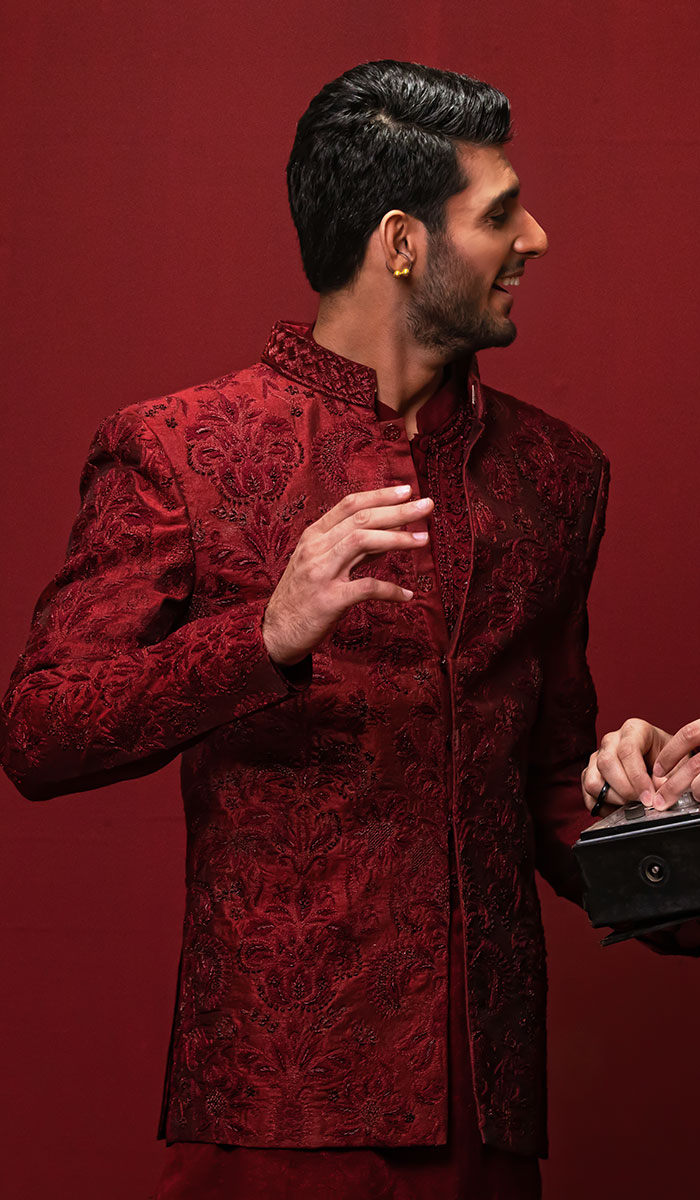 Maroon Embroidered Silk-Blend Prince Coat (3-Piece) - Image 1