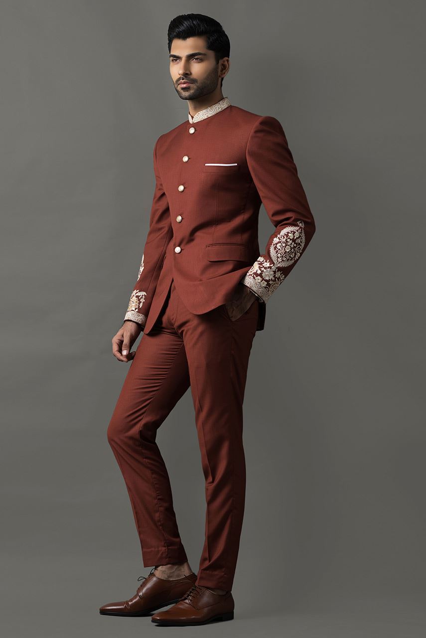 Rust Embroidered Suiting Prince Coat (2-Piece) - Image 1