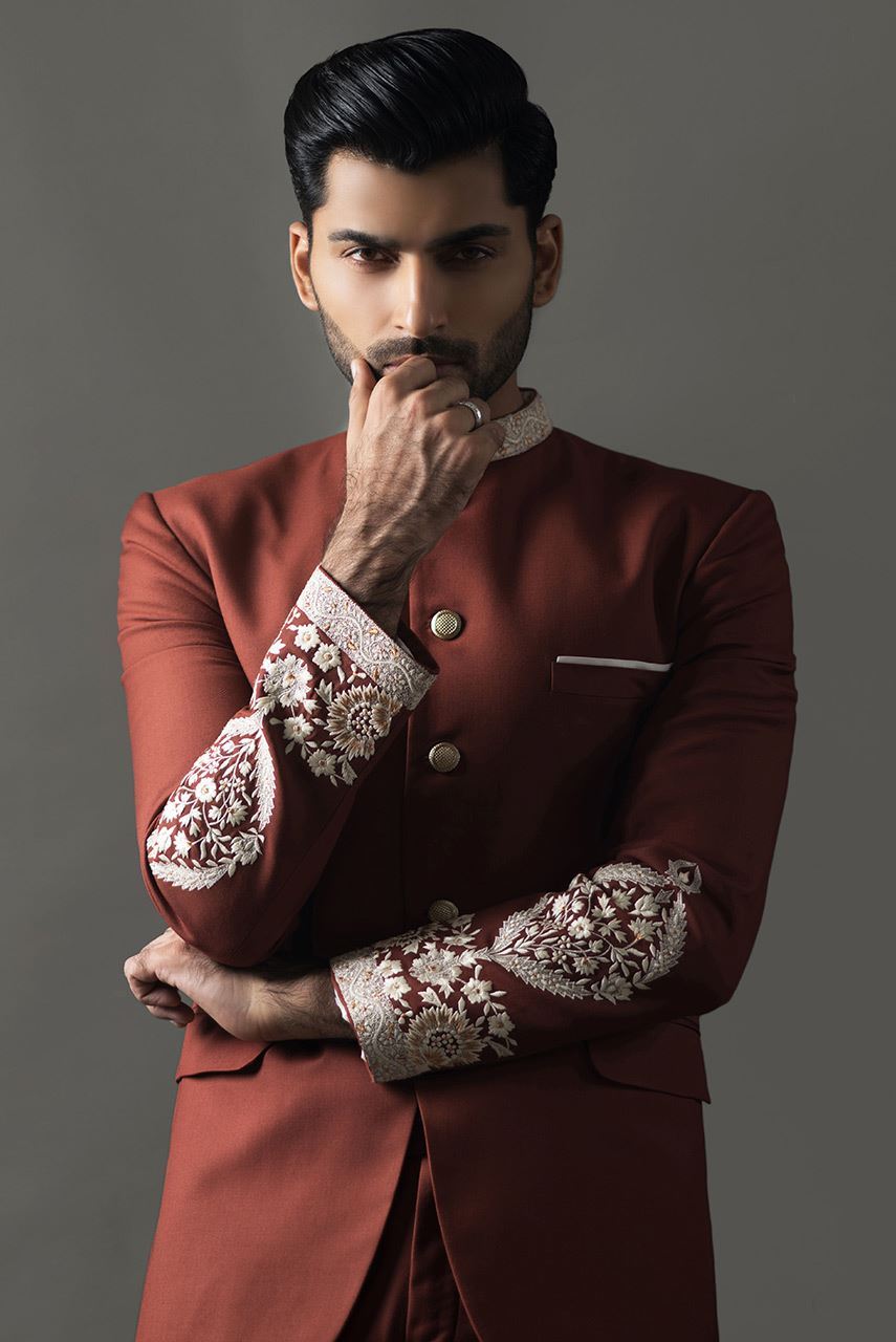 Rust Embroidered Suiting Prince Coat (2-Piece) - Image 2