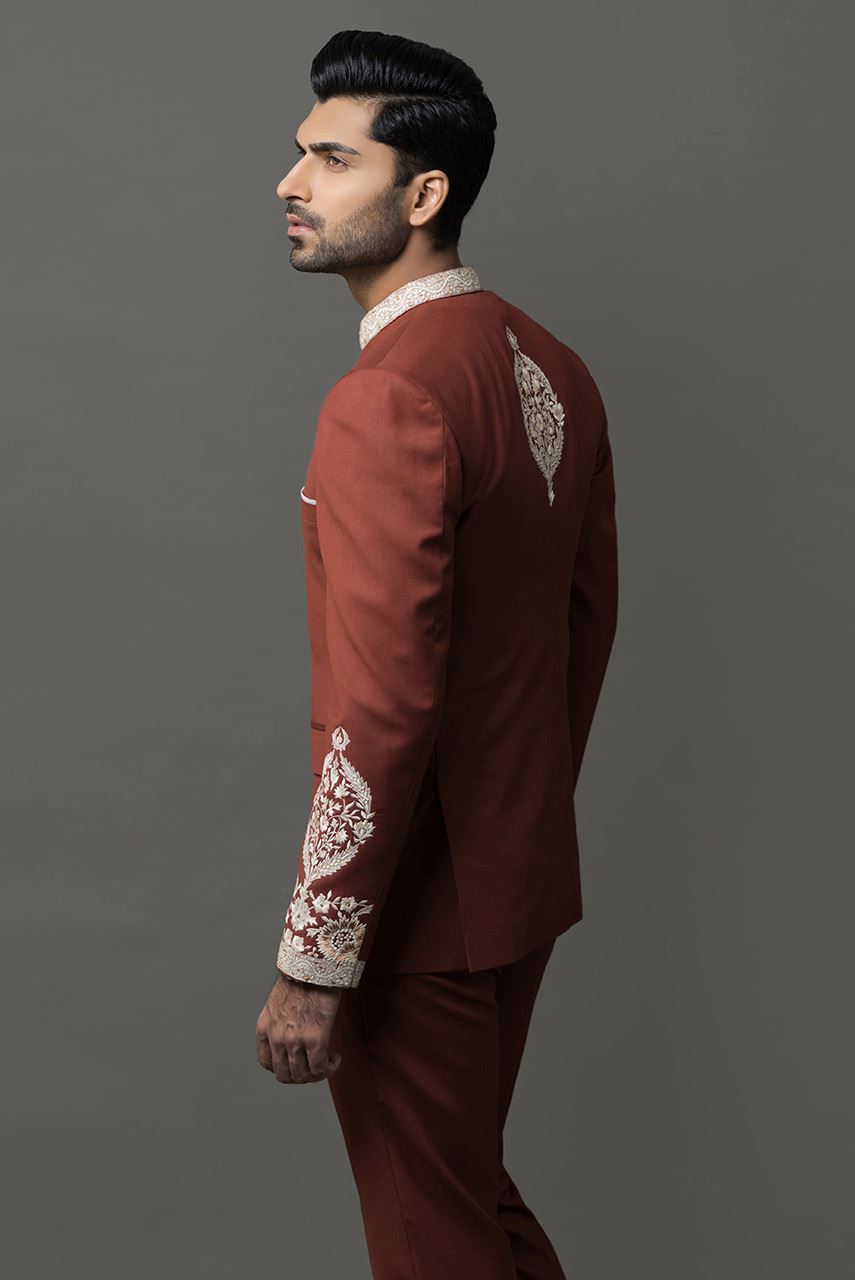 Rust Embroidered Suiting Prince Coat (2-Piece) - Image 3