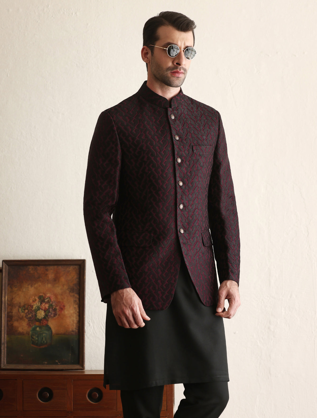 Deep Maroon Houndstooth Embroidered Prince Coat (3-Piece) - Image 1