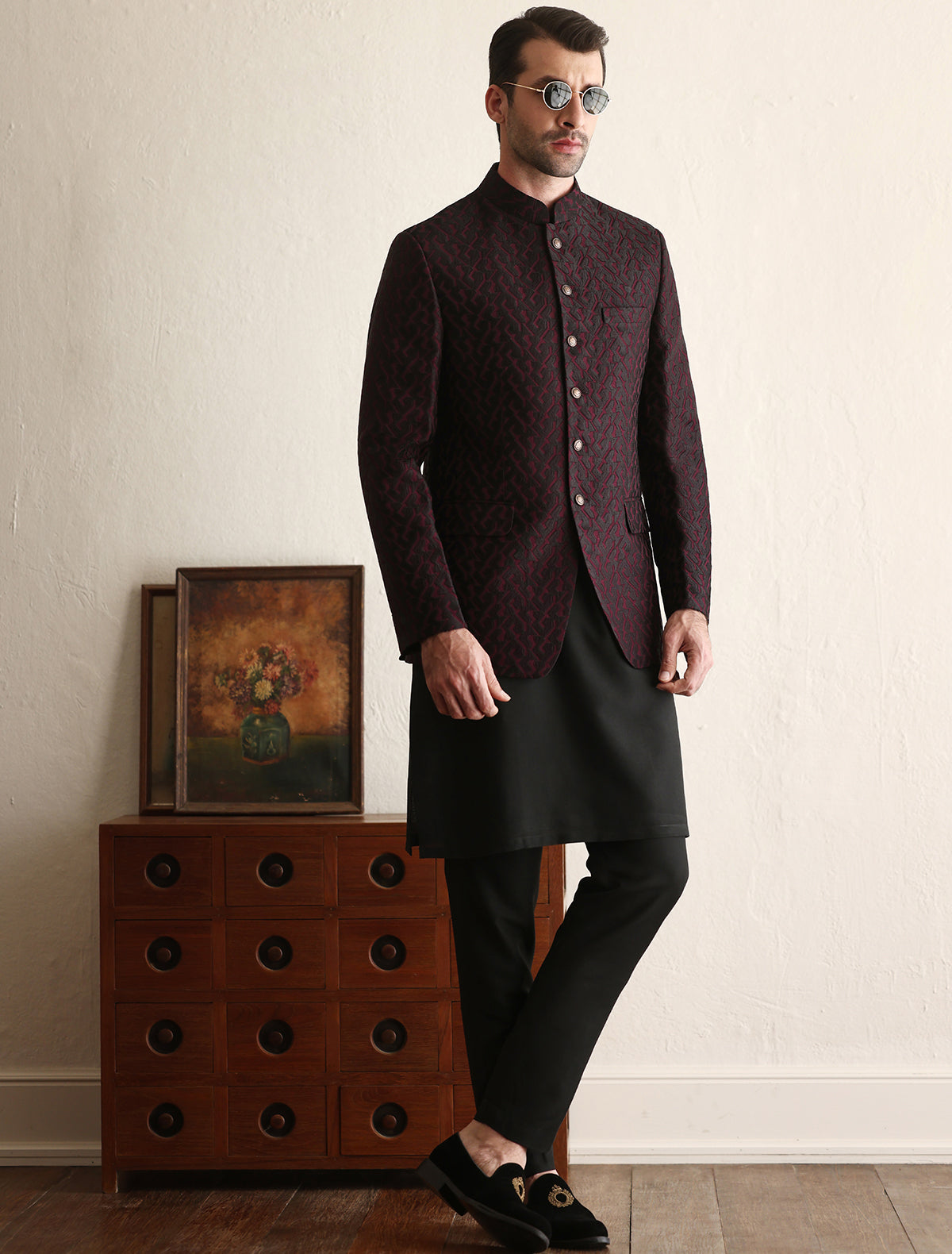 Deep Maroon Houndstooth Embroidered Prince Coat (3-Piece) - Image 2