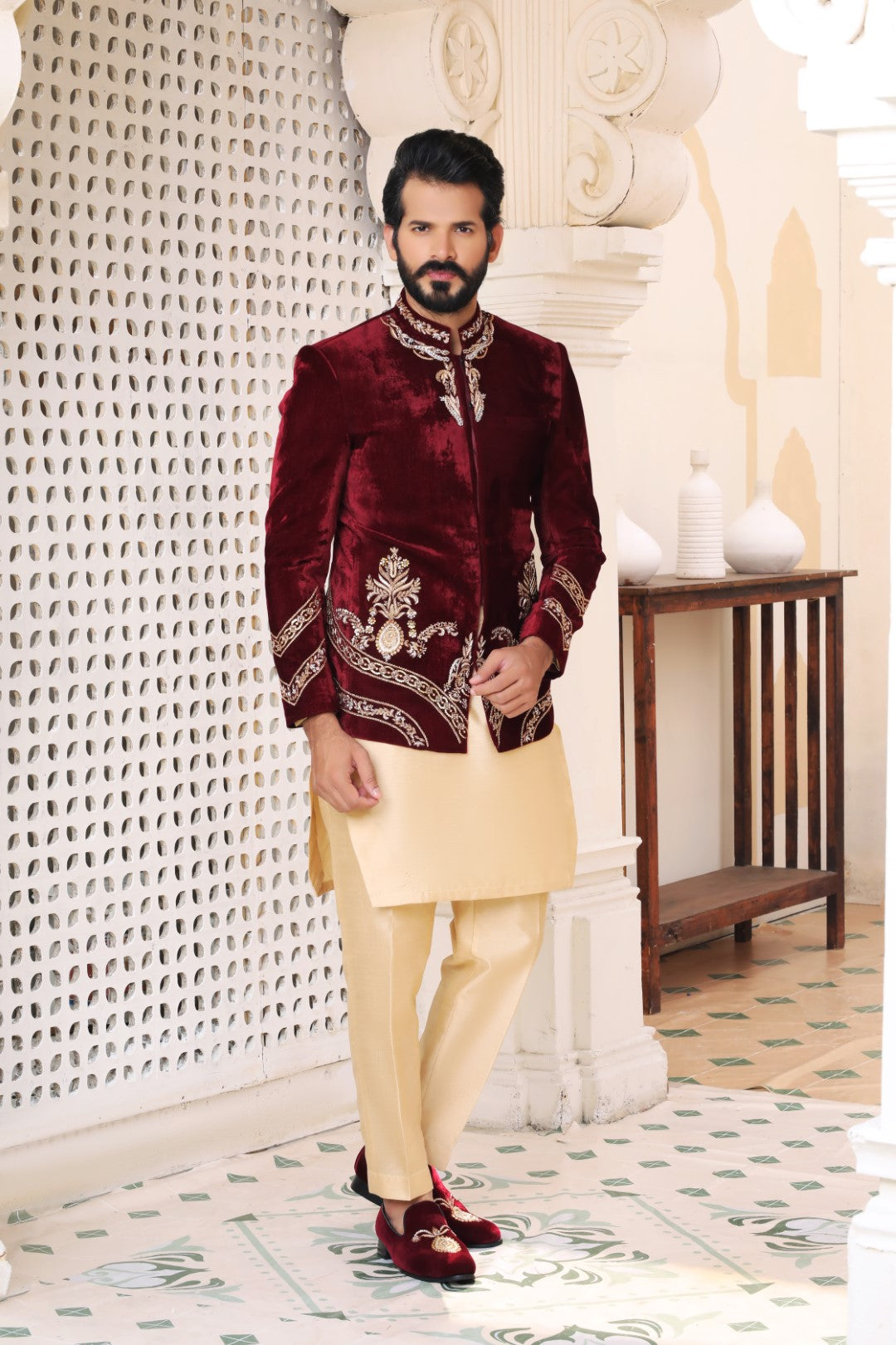 Mehroon Ada Work Velvet Prince Coat (1-Pc) - Image 1