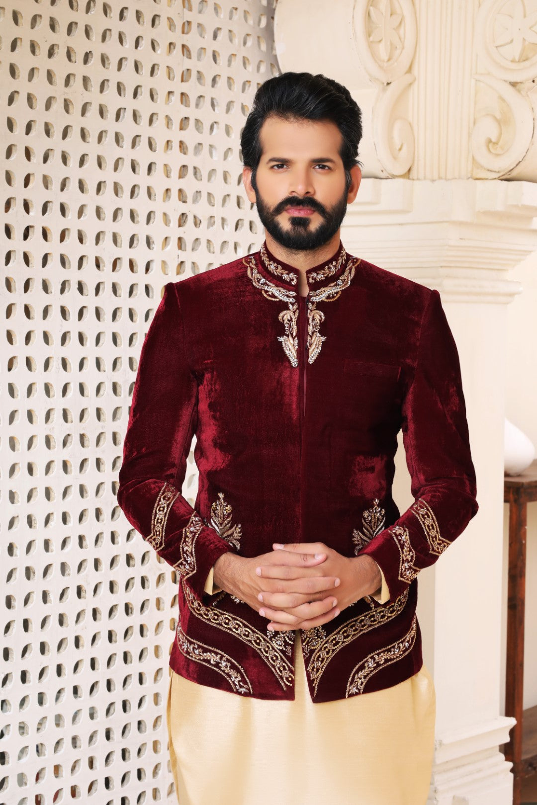 Mehroon Ada Work Velvet Prince Coat (1-Pc) - Image 3