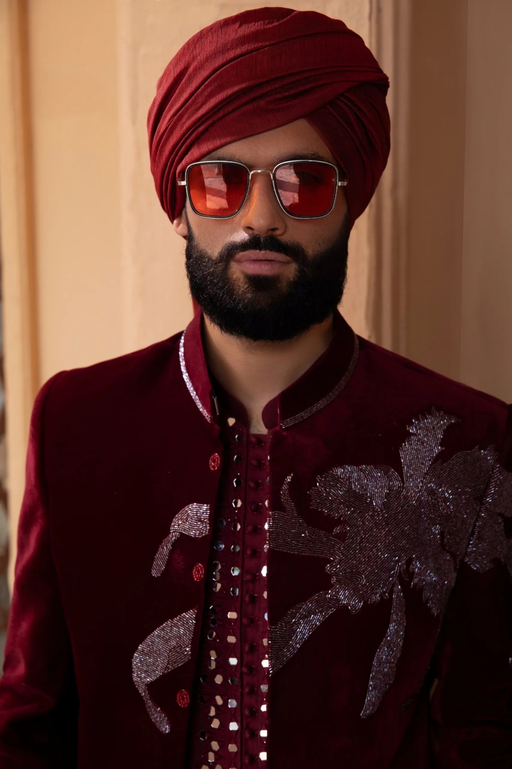 Maroon Cut Dana Velvet Prince Coat (1-Pc) - Image 1