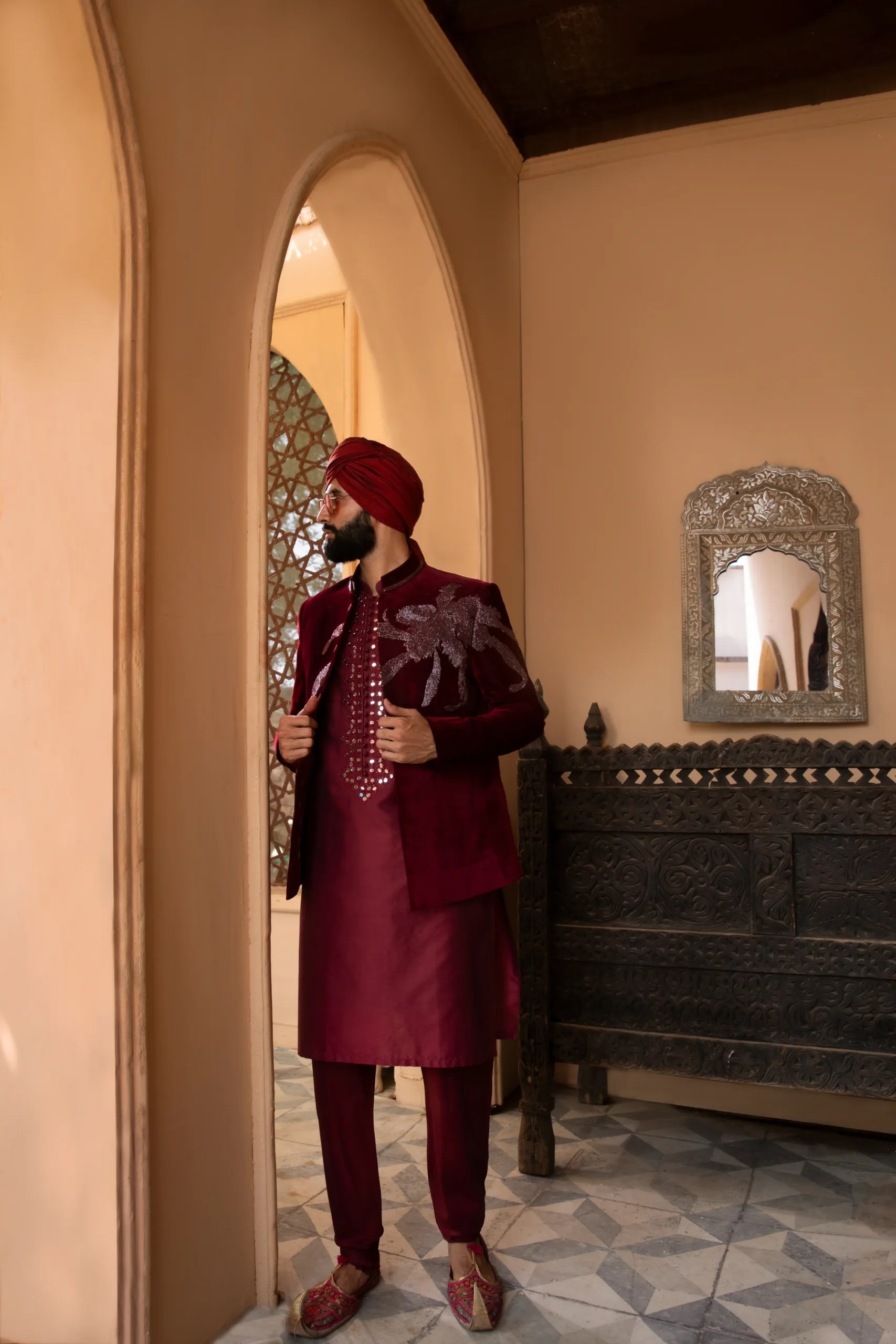 Maroon Cut Dana Velvet Prince Coat (1-Pc) - Image 2