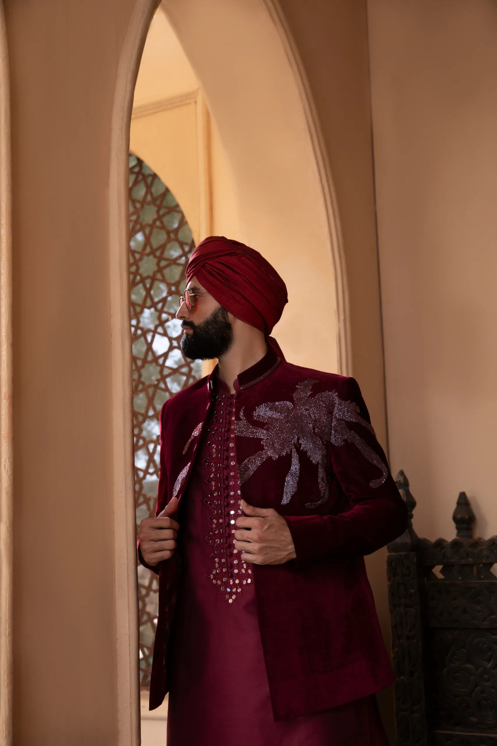 Maroon Cut Dana Velvet Prince Coat (1-Pc) - Image 3