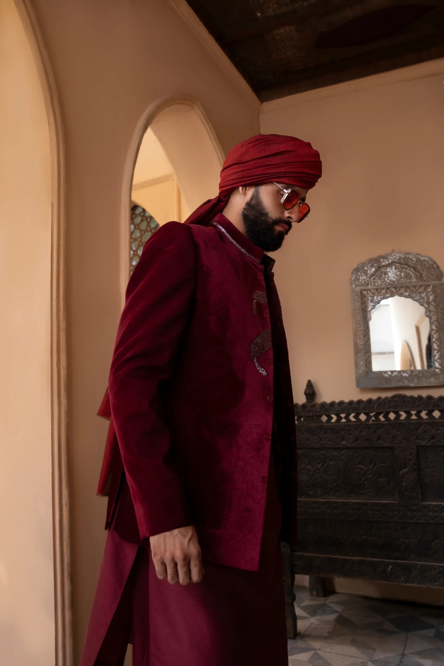 Maroon Cut Dana Velvet Prince Coat (1-Pc) - Image 4