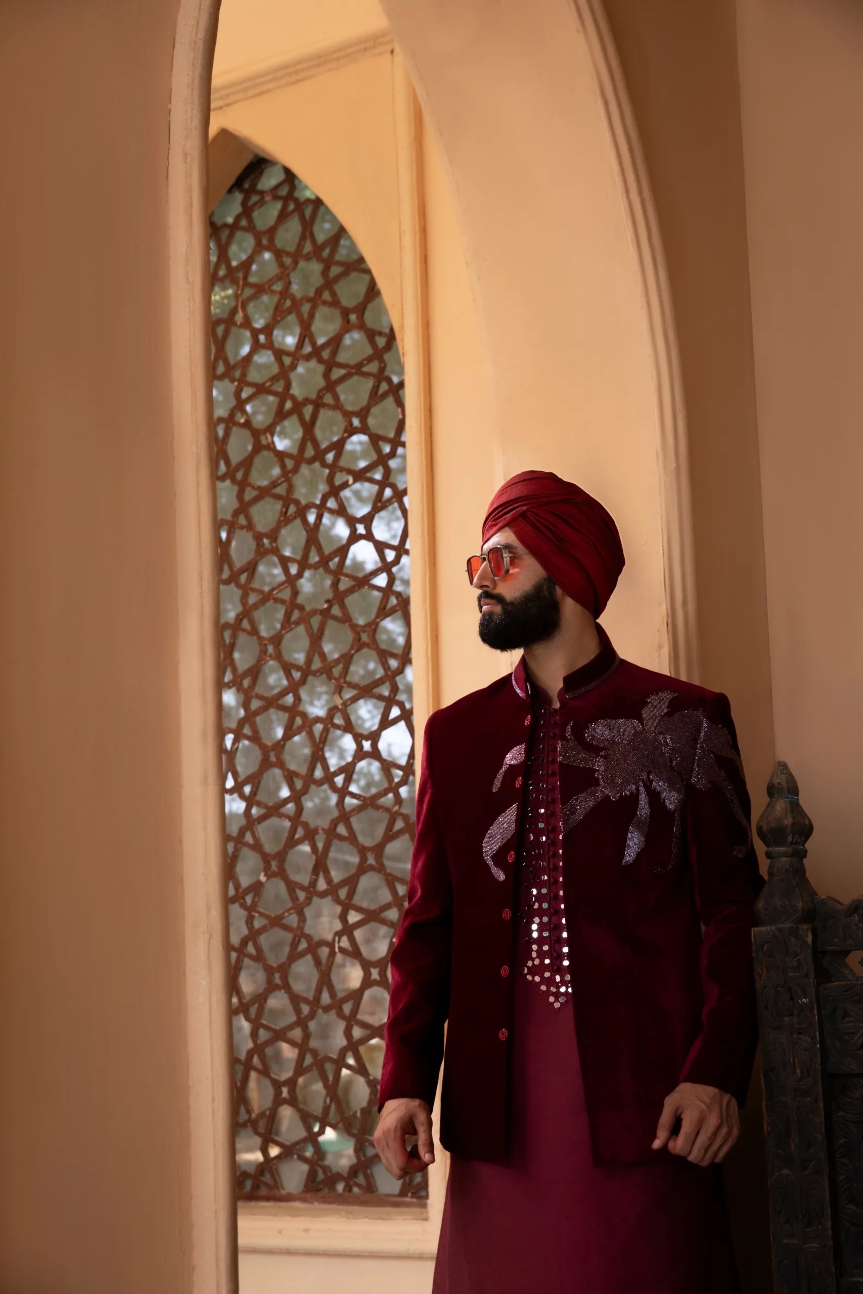 Maroon Cut Dana Velvet Prince Coat (1-Pc) - Image 5