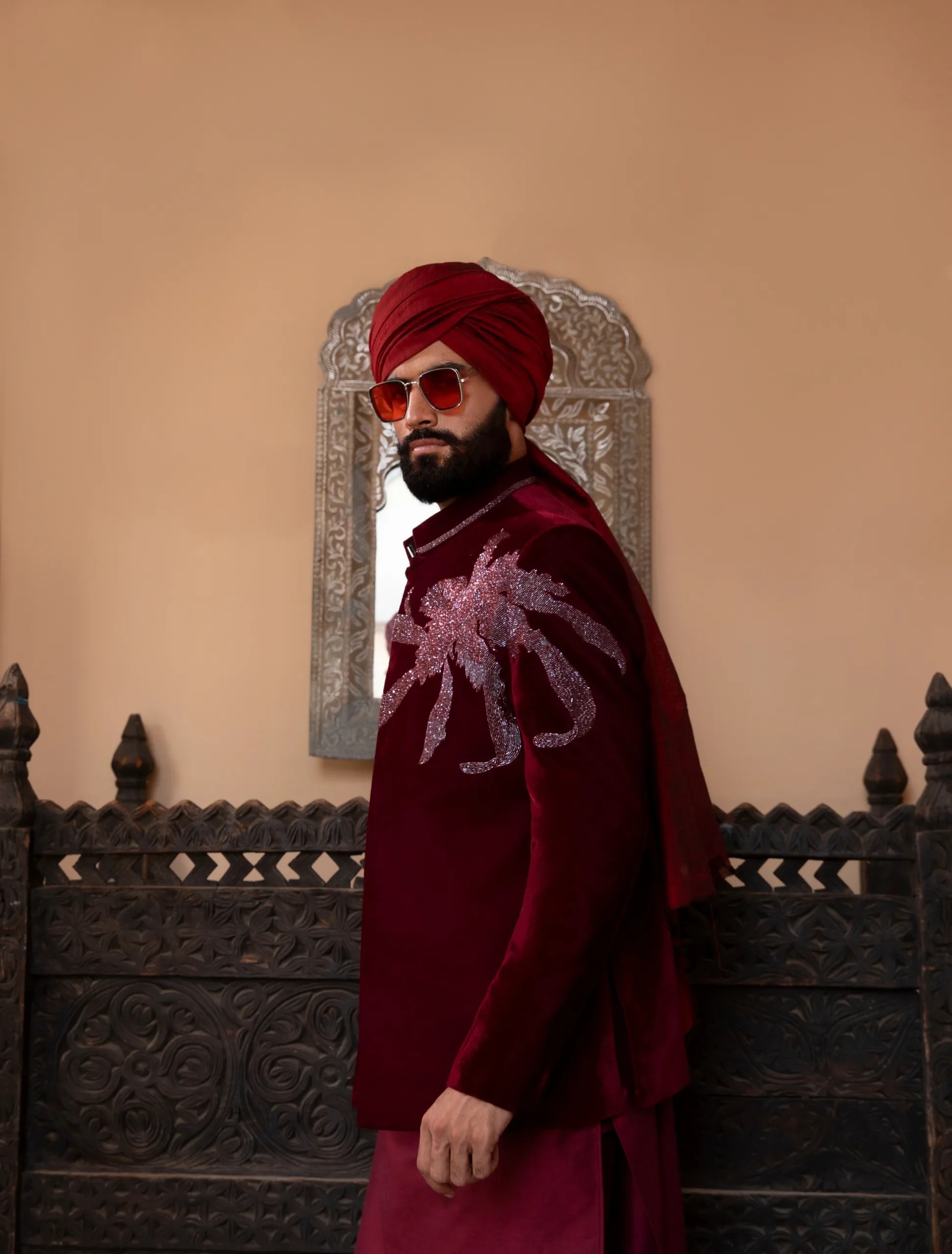 Maroon Cut Dana Velvet Prince Coat (1-Pc) - Image 6