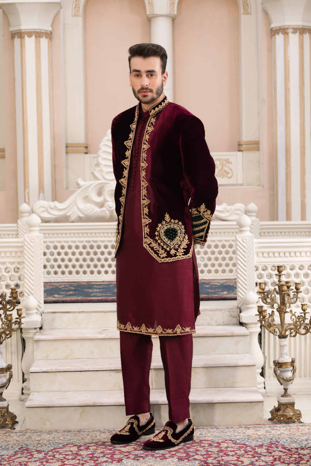 Maroon Velvet Prince Coat with Dori & Adda Work (3-Piece) - Image 2