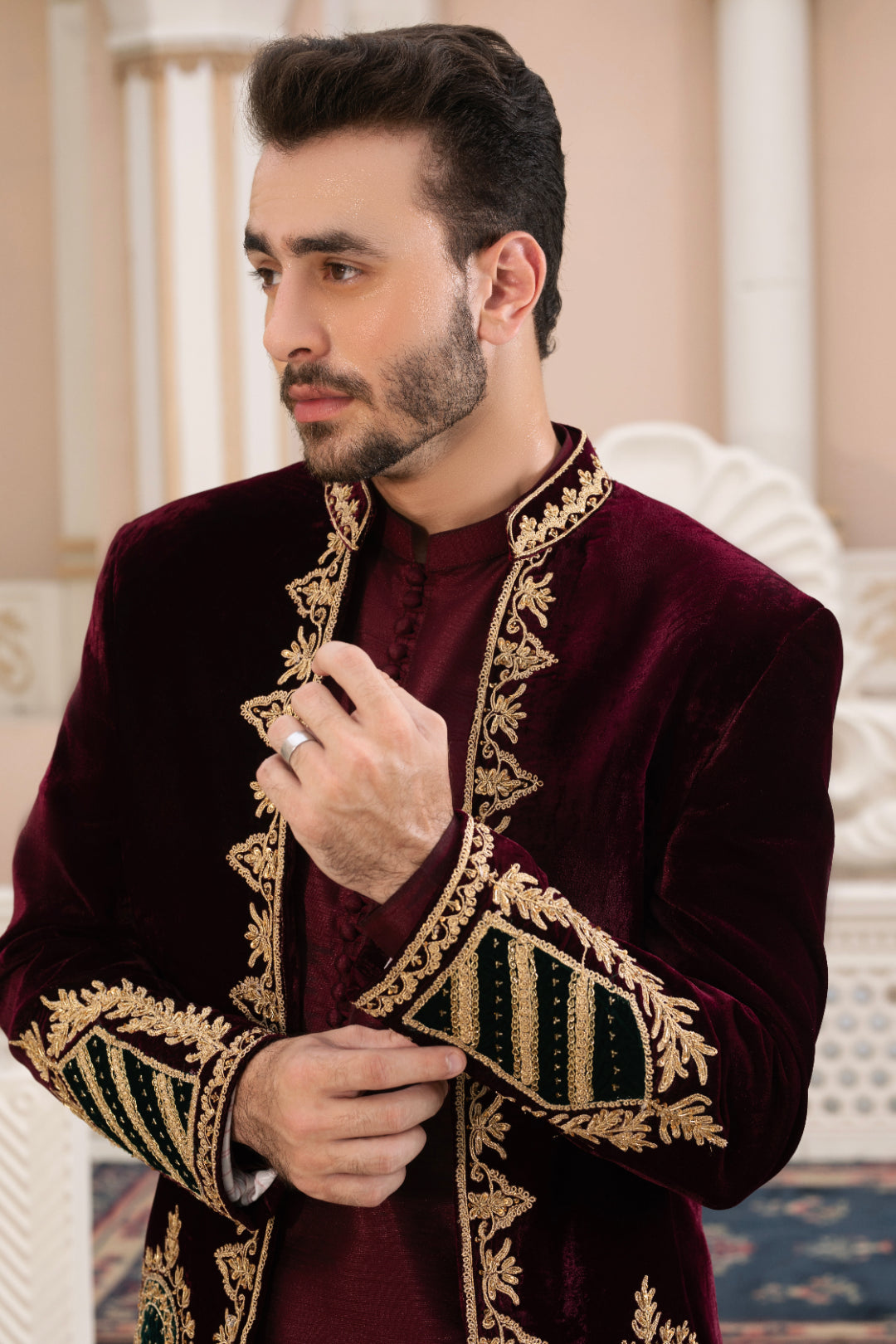 Maroon Velvet Prince Coat with Dori & Adda Work (3-Piece) - Image 3