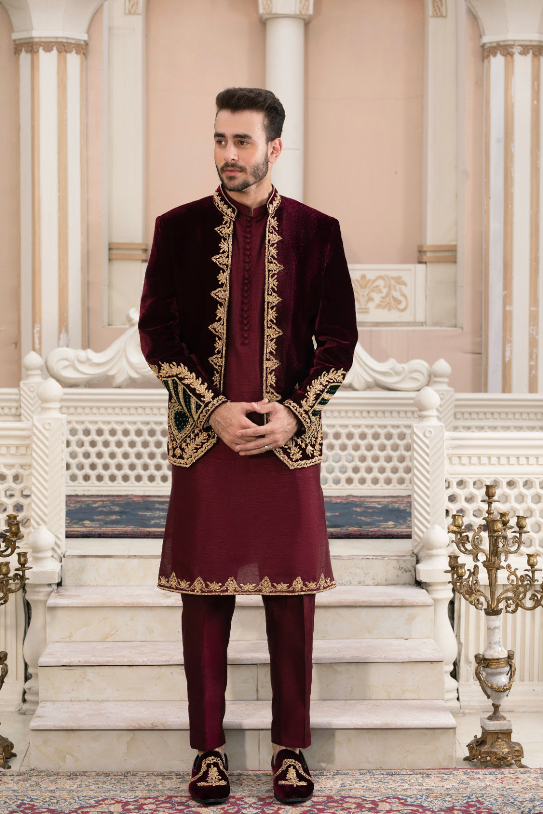 Maroon Dori Embroidered Velvet Prince Coat (3-Piece) - Image 1