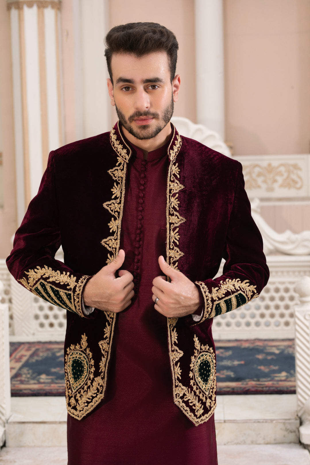Maroon Dori Embroidered Velvet Prince Coat (3-Piece) - Image 4