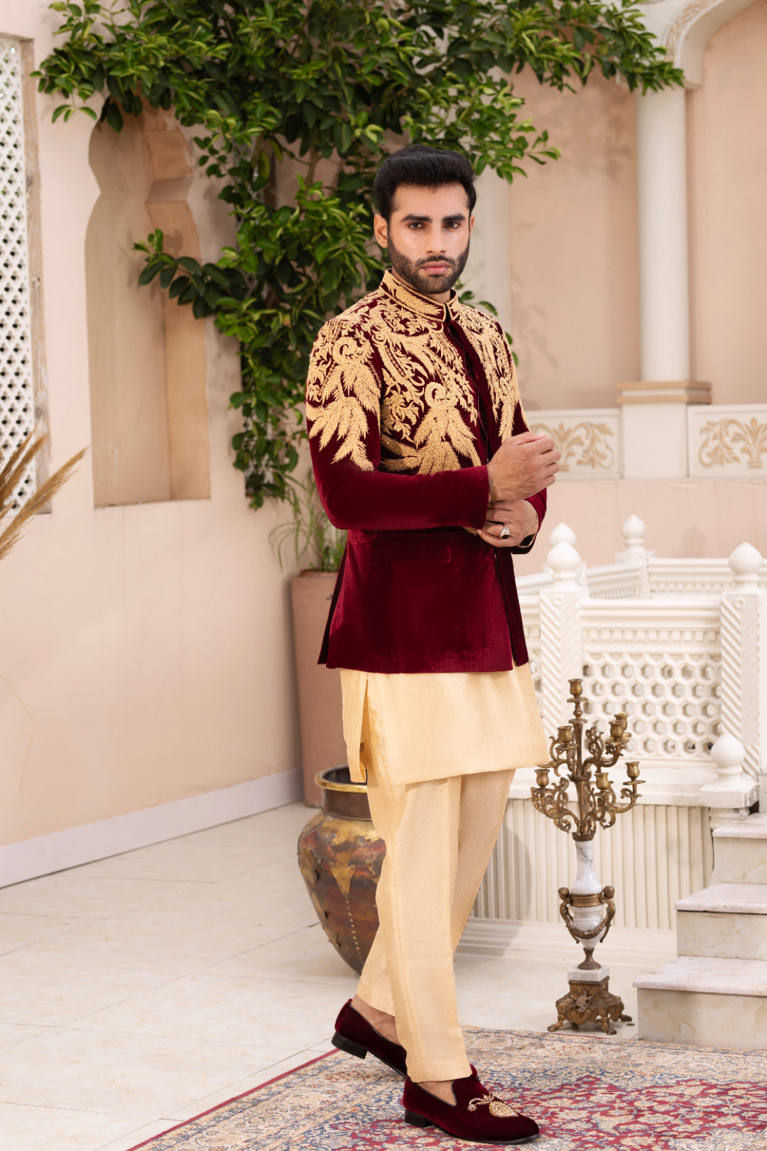 Mehroon Velvet Prince Coat with Golden Thread Embroidery (3-Piece) - Image 2