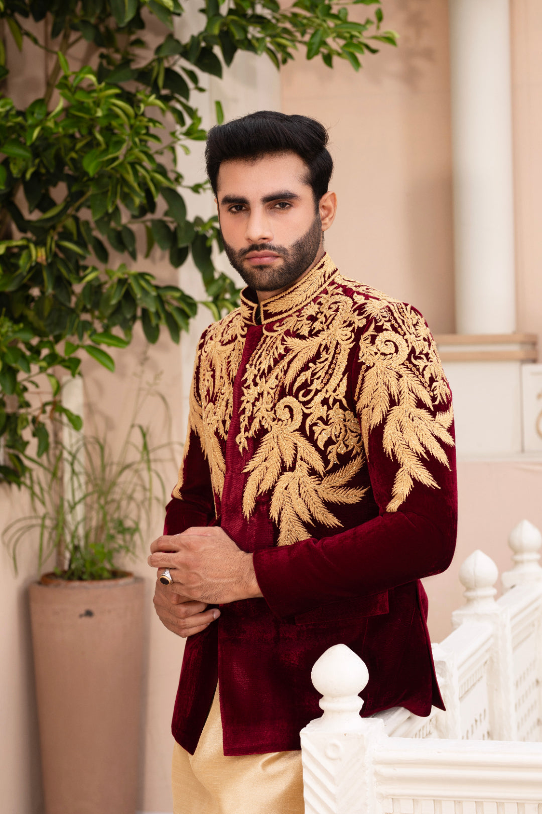 Mehroon Velvet Prince Coat with Golden Thread Embroidery (3-Piece) - Image 3