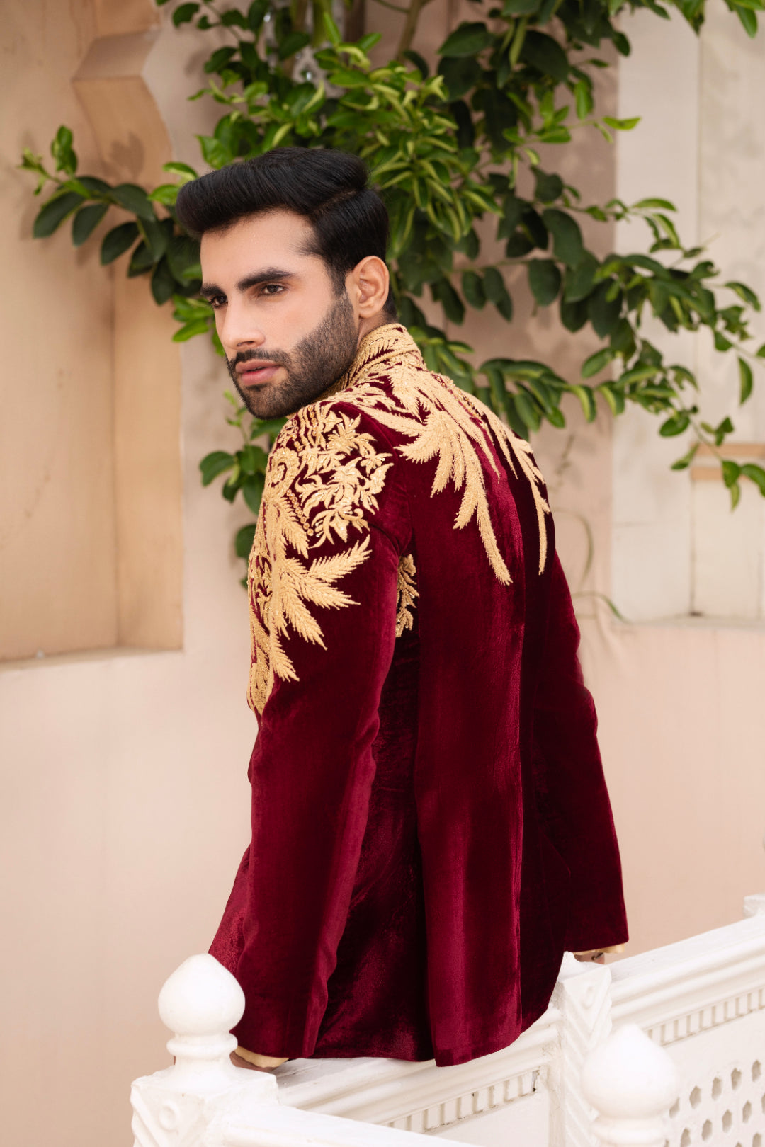 Mehroon Velvet Prince Coat with Golden Thread Embroidery (3-Piece) - Image 4