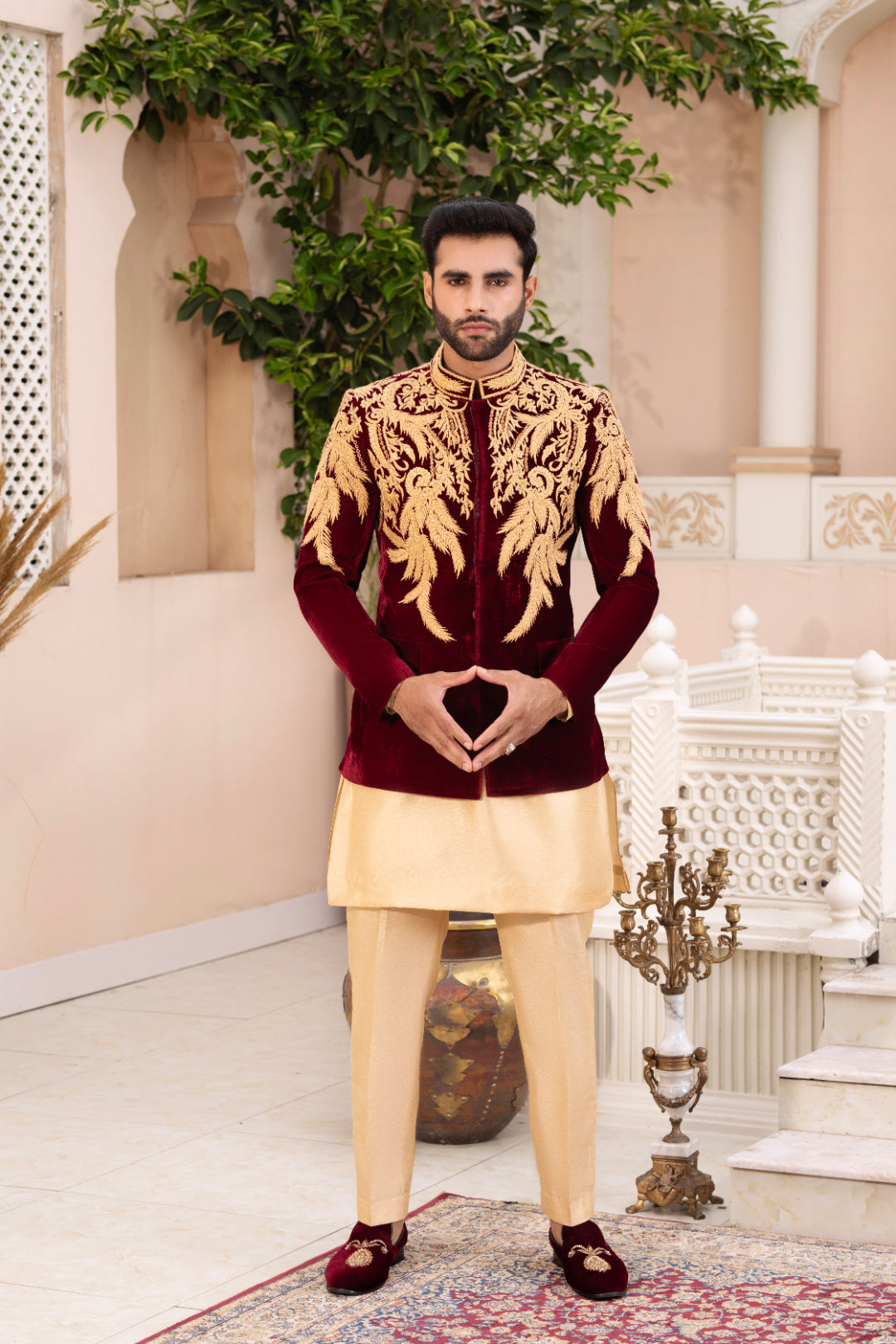 Mehroon Velvet Prince Coat with Golden Thread Embroidery (1-Pc) - Image 1