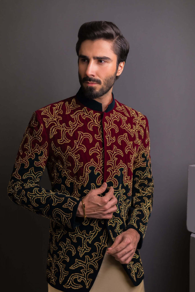 Maroon & Black Embroidered Velvet Prince Coat (3-Piece) - Image 1