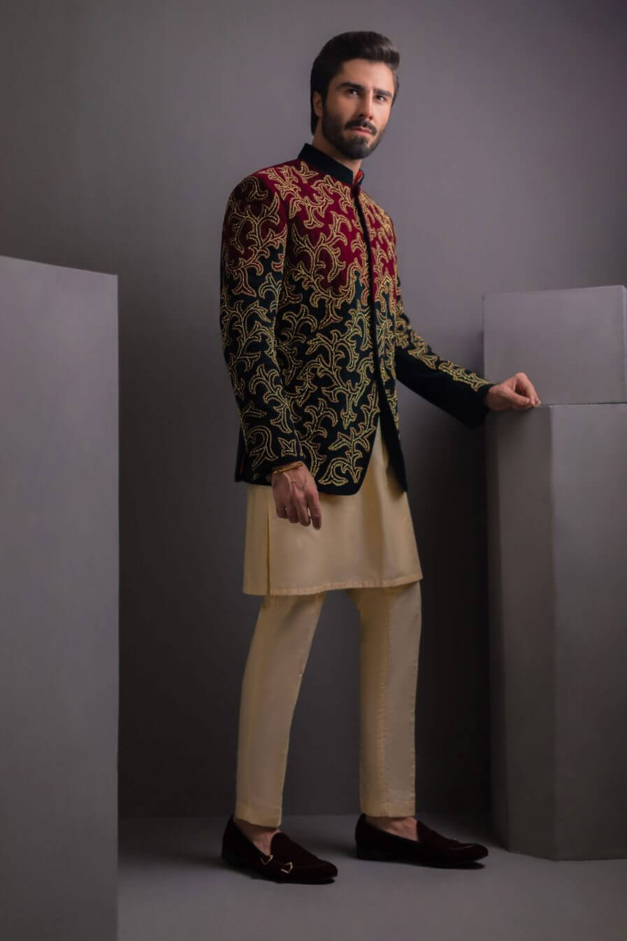 Maroon & Black Embroidered Velvet Prince Coat (3-Piece) - Image 3