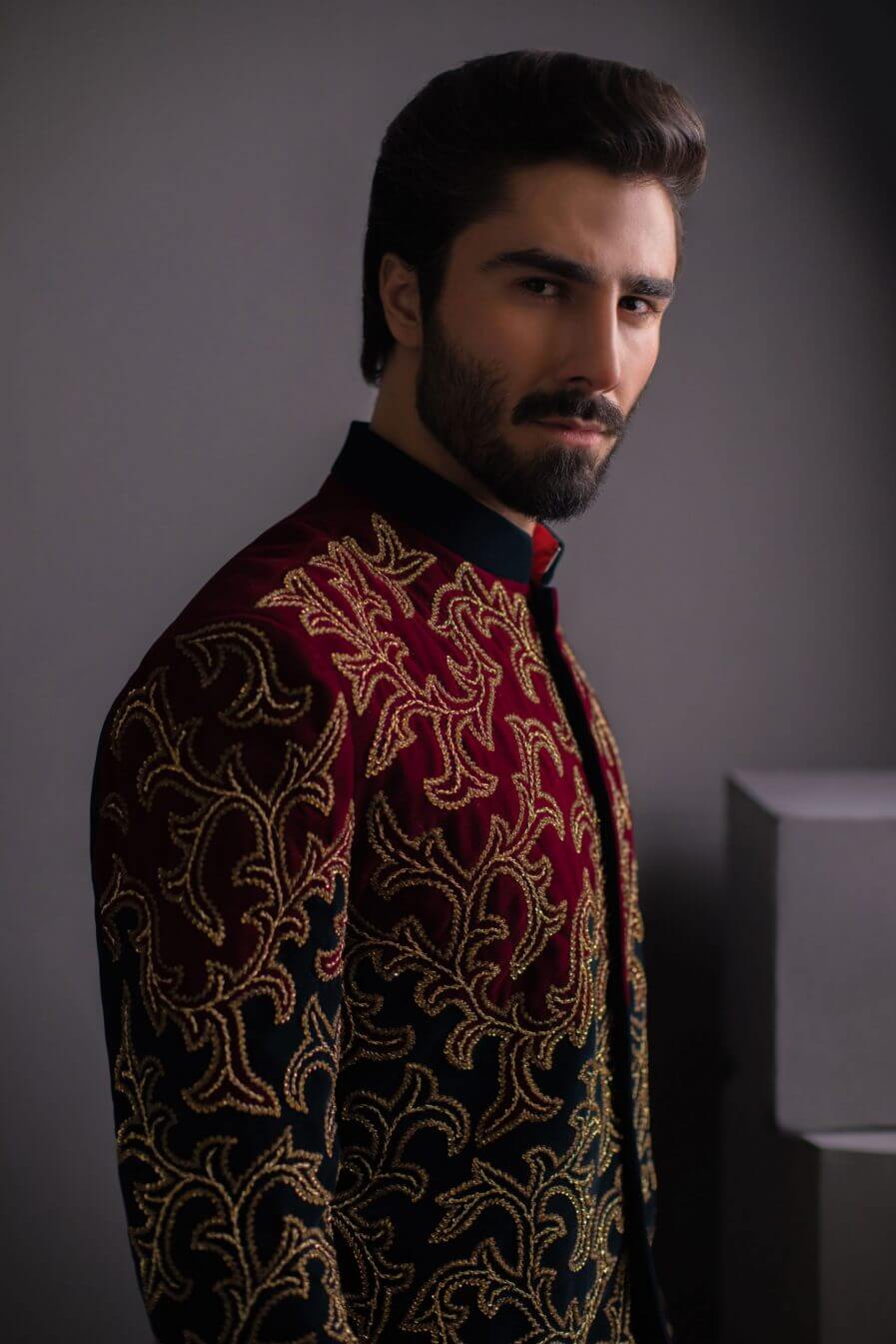 Maroon & Black Embroidered Velvet Prince Coat (3-Piece) - Image 5