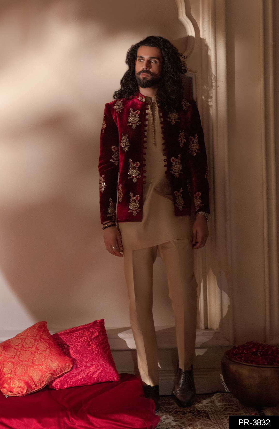 Maroon Embroidered Velvet Prince Coat (3-Piece) - Image 1