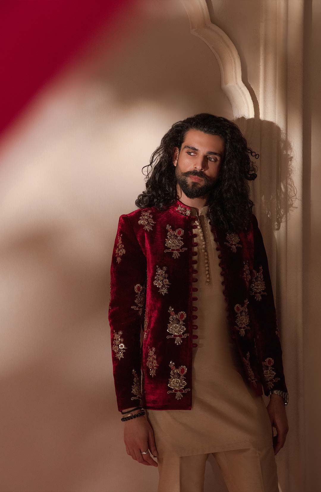 Maroon Embroidered Velvet Prince Coat (3-Piece) - Image 2