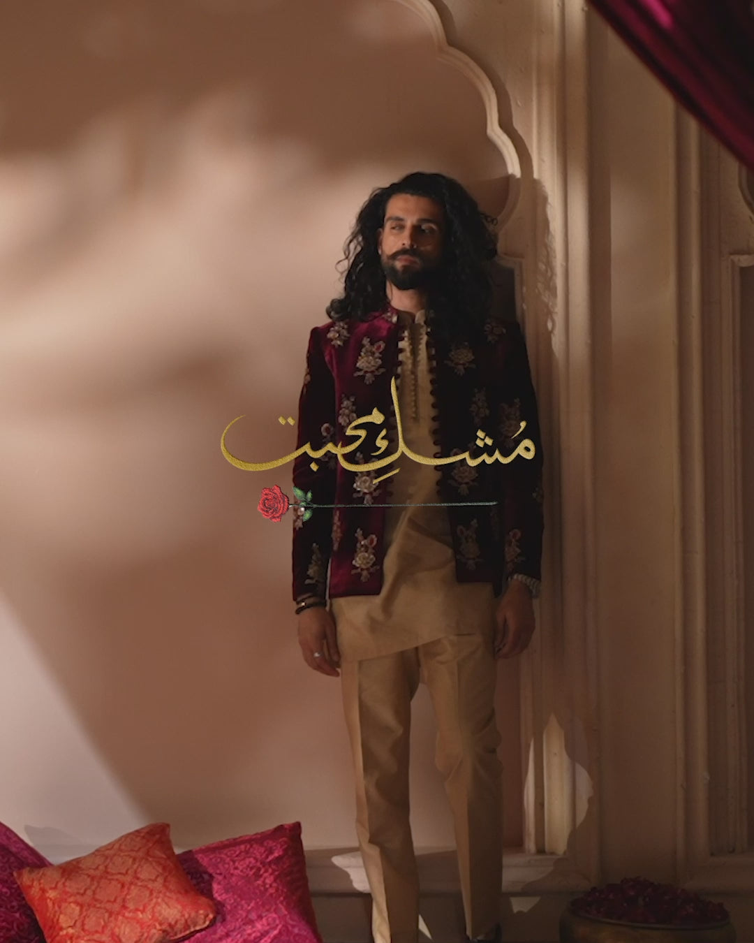 Maroon Embroidered Velvet Prince Coat (3-Piece) - Image 3