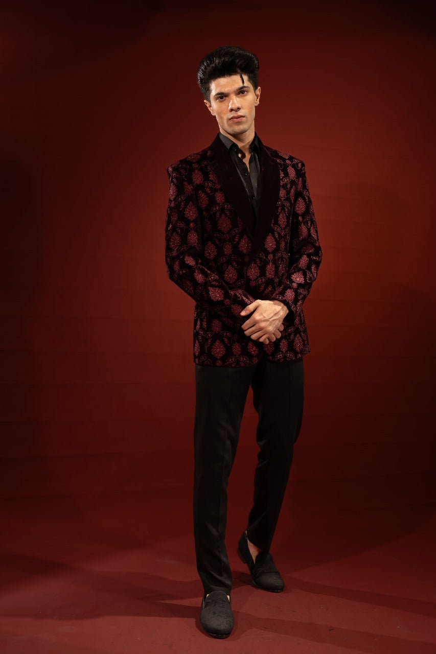 Maroon Embroidered Velvet Prince Coat (2-Piece) - Image 1