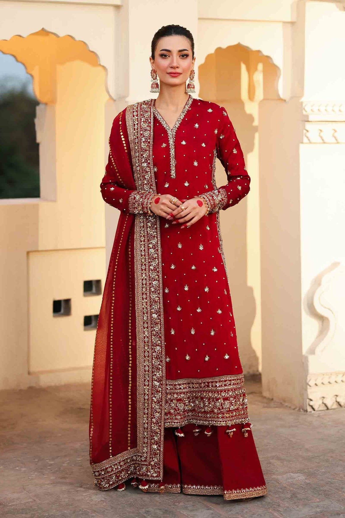 Pakistani Maroon Embroidered Bemberg Raw Silk Salwar Kameez (3-Piece) - Image 1