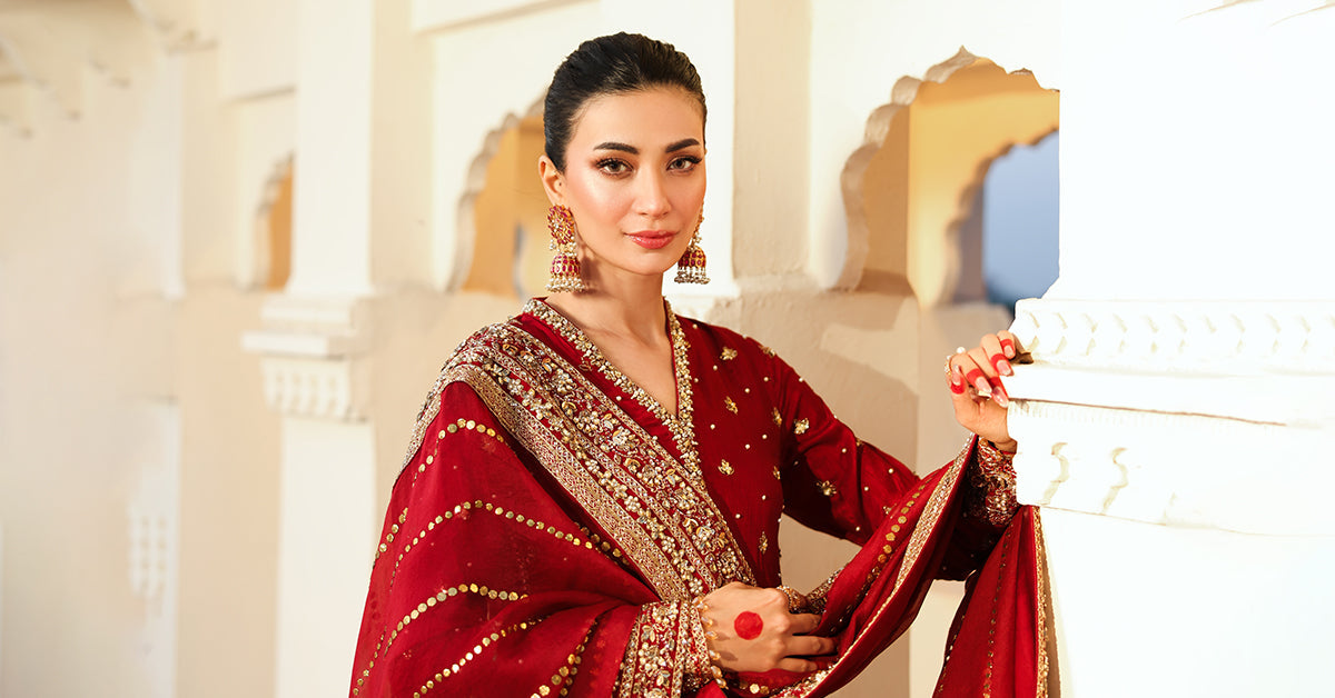 Pakistani Maroon Embroidered Bemberg Raw Silk Salwar Kameez (3-Piece) - Image 10