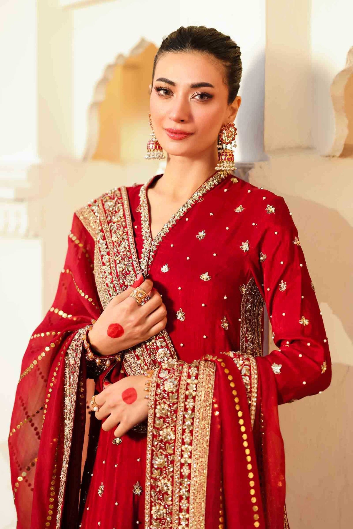 Pakistani Maroon Embroidered Bemberg Raw Silk Salwar Kameez (3-Piece) - Image 2