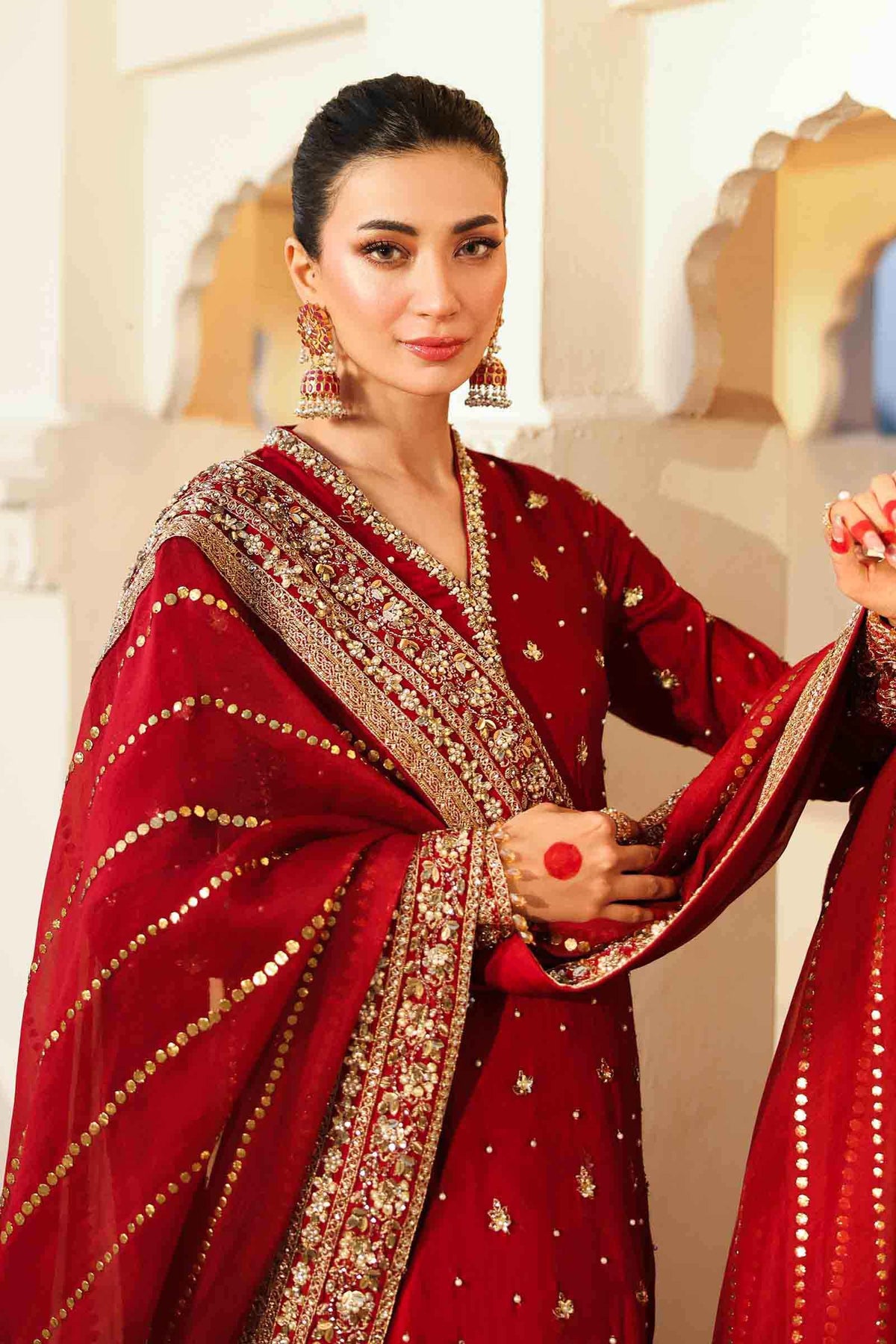 Pakistani Maroon Embroidered Bemberg Raw Silk Salwar Kameez (3-Piece) - Image 5